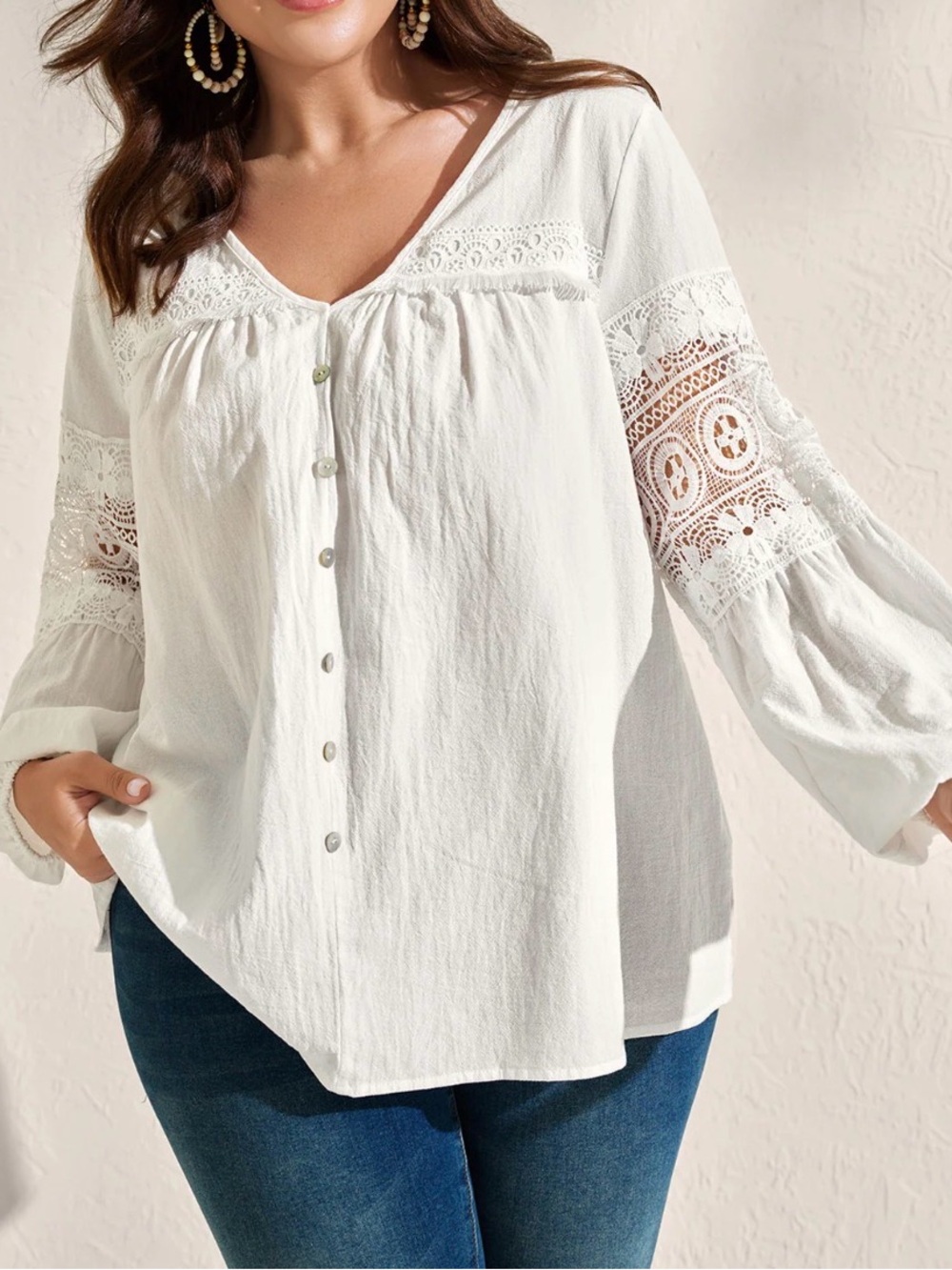 BloomChic White Lace-Inset Button Down Peasant Top